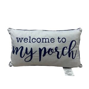 Stratford Outdoor Welcome to My Porch‎ Lumbar Pillow Navy Blue White Reversible